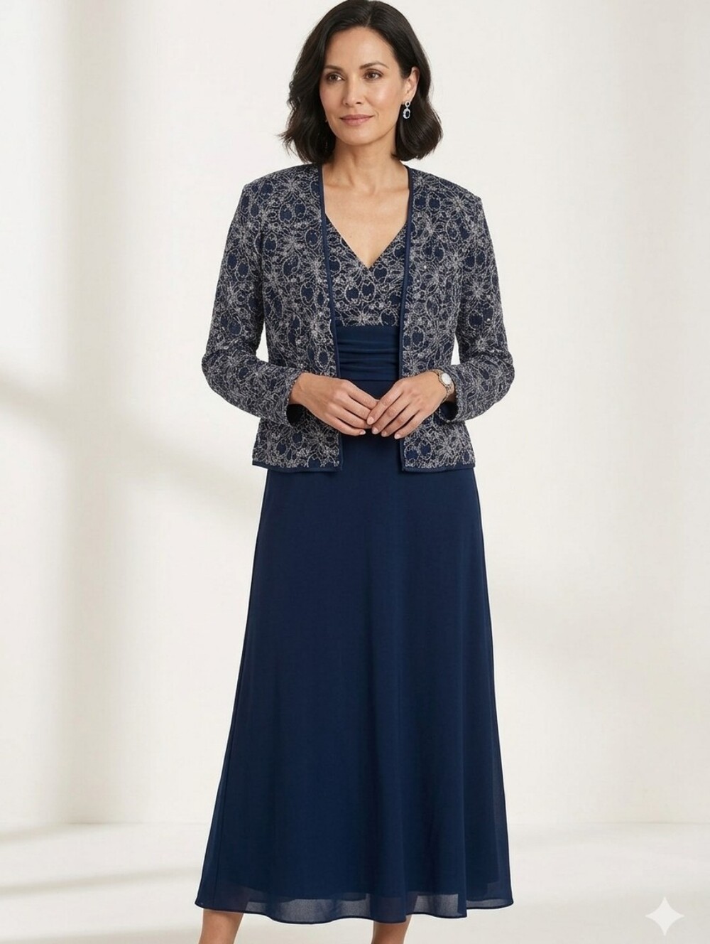 🦋 R&M Richards Navy Blue Beaded Jacket Dress Set